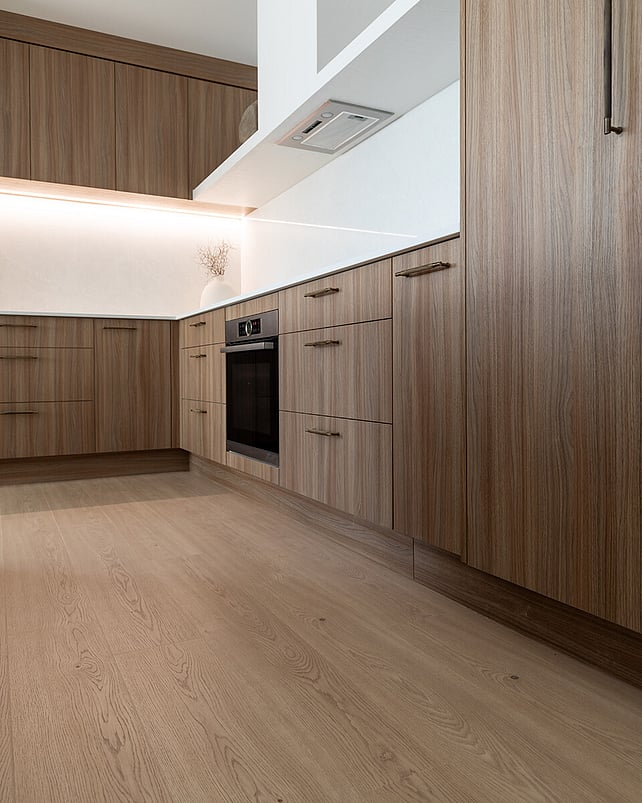 Laminate wood look floor in a bathroom.