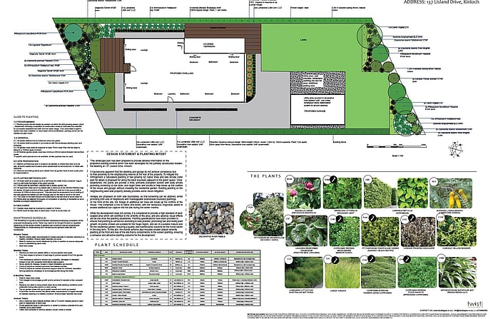 a landscape plan with native plants, plant schedule and planting specifications, suitable for resource consent