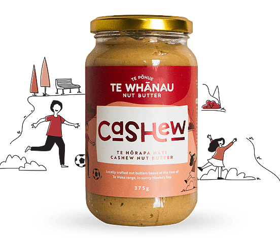 Cashew nut butter, handcrafted in Te Pohue. Label and branding design by Natalie White, Magic Fingers Graphics