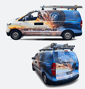 Cambridge SteelFab vehicle wrap designed by Kaz