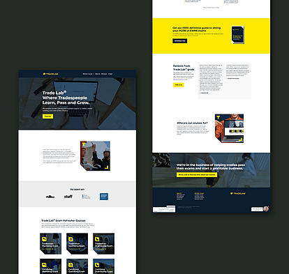 Website design for Trade Lab, showcasing a modern layout with sections highlighting courses, testimonials, and resources for tradespeople