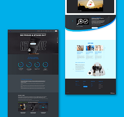Visual of a sleek, dark-themed website design featuring Buy NZ Made branding, with sections highlighting product features, services, and customer stories