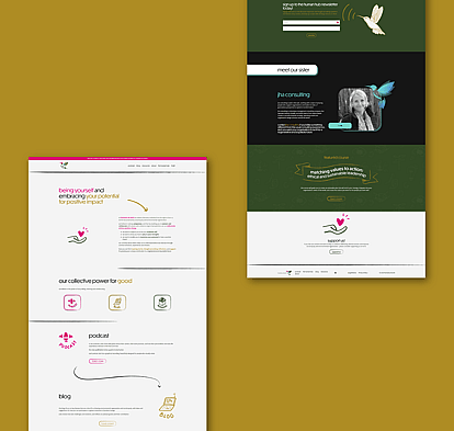 Website design for Humans at Work (HAW), featuring a welcoming layout with sections on coaching services, a podcast, and blog content aimed at promoting growth and positive impact