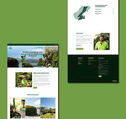 Web design for Oliver's Army, featuring a professional landscaping and garden maintenance website with service overviews, contact details, and vibrant images of the team and their work