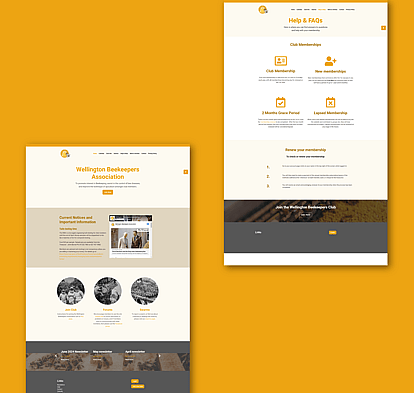 Mockup of Wellington Beekeepers Association website in warm yellow and brown, featuring membership info and beekeeping resources