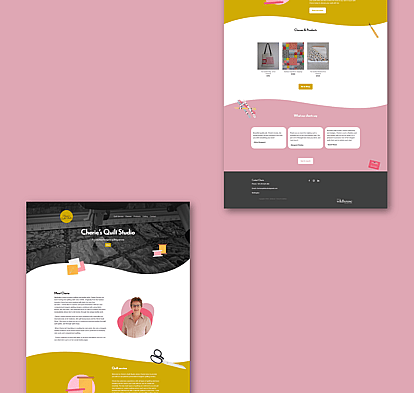 Mockup of Cherie's Quilt Studio website with a playful pink and yellow design showcasing classes, workshops, and projects