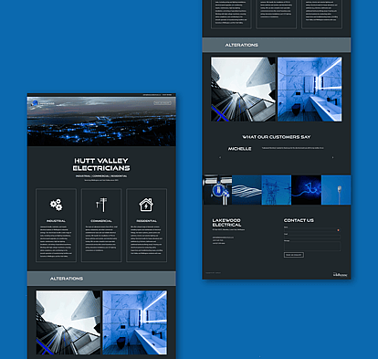 Website mockup for Lakewood Electrical showcasing sleek, professional visuals and an electric blue theme, set against a complementary blue background