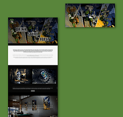 A mockup showcasing the Boneface Brewery website design with bold comic-style artwork, dark colours, and dynamic imagery, positioned on a solid green background