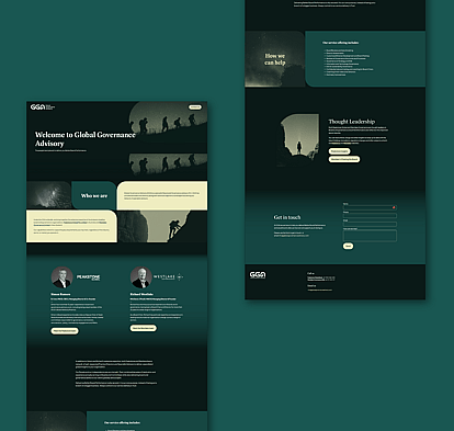 A mockup showcasing the Global Governance Advisory website design, featuring professional imagery, structured sections, and muted tones, set against a deep green background