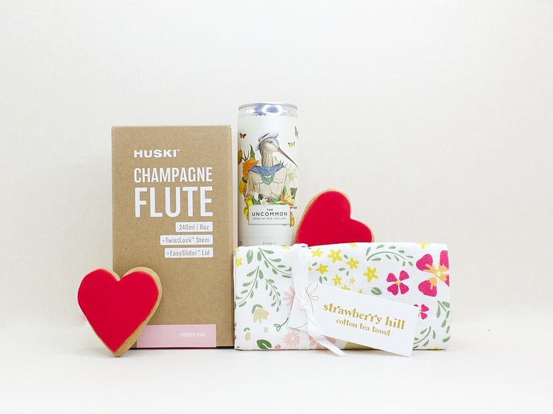 Just Because gift box NZ — NZ-made gift box with champagne, champagne flute, heart cookies and tea towel