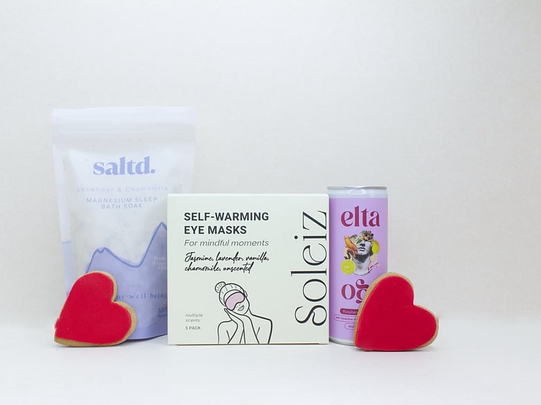 Me Time gift box NZ — NZ-made self-care gift box with bath salts, Soleiz eye mask, cookies and Elta Ego cocktail
