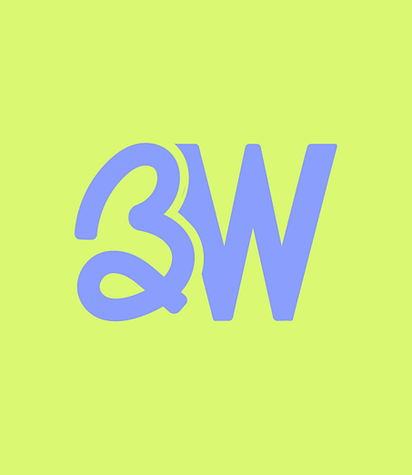 Simple, stylised lilac 'BW' logo on a bright lime green background.