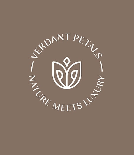 Verdant Petals white logomark on a brown background