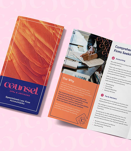 Open tri-fold brochure for 'Counsel CPAs & Advisors' in orange, blue, and white.