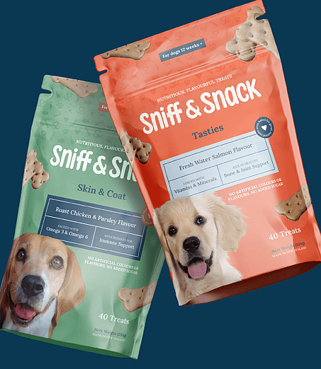 Pet food packaging design for 'Sniff & Snack' featuring a golden retriever puppy.