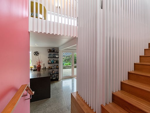Pink hallyway into kitchen in Old Mill Road house, Grey Lynn