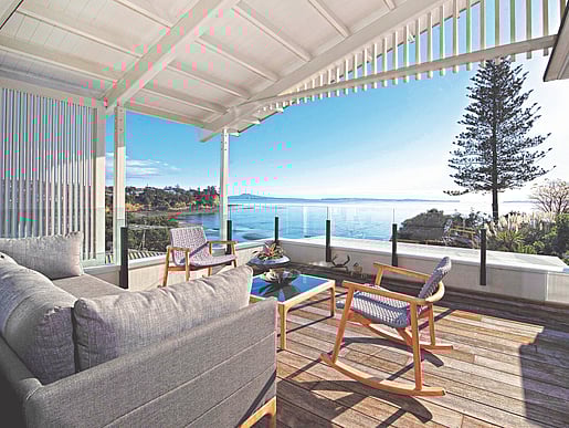 Deck view out to the ocean. Rangitoto House, Cockle Bay 