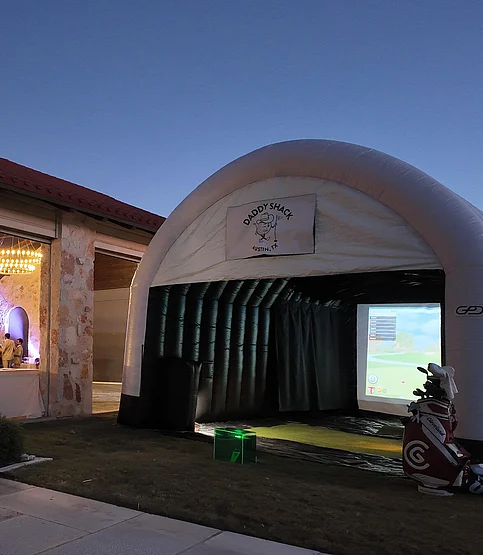 Mobile golf simulator, set up and ready for wedding party to arrive