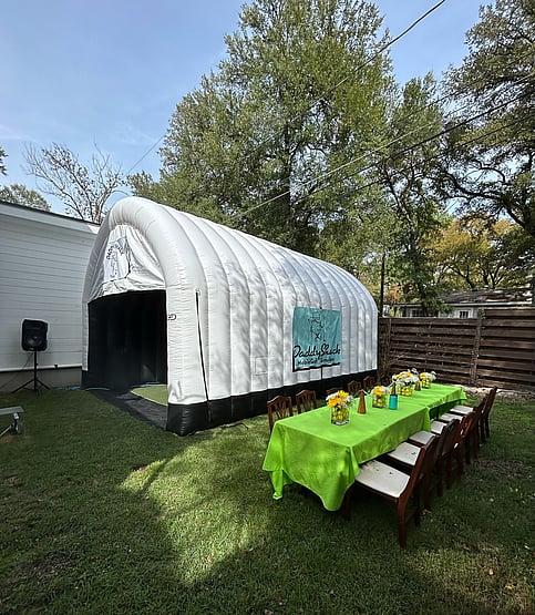 Mobile golf simulator, set up and ready for wedding party to arrive