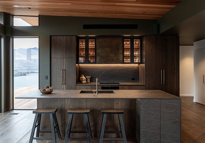 A brand new home in the evening light built by Fixation Builders in Jacks Point, Queenstown.