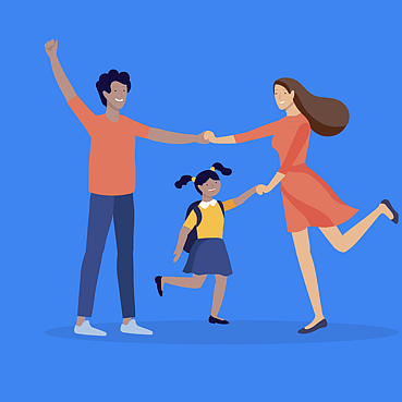 Compass illustration of two parents and a child dancing together.