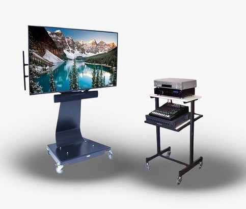 A trolley with a large tv screen and a trolley with audio equipment