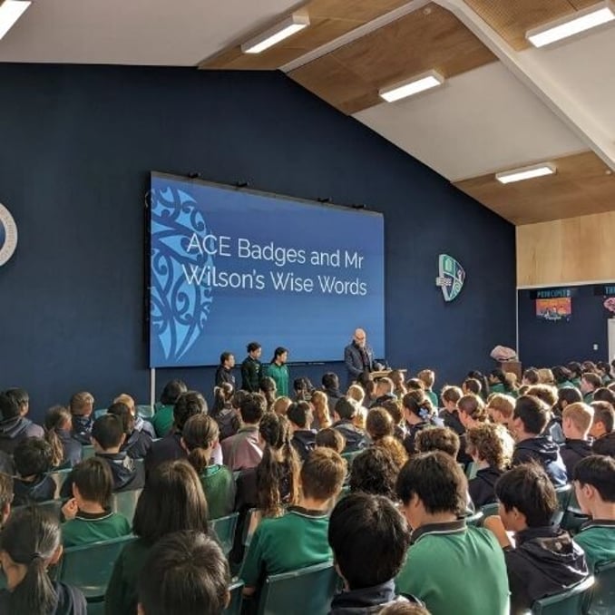 LED screen with children infront at Takapuna Normal Intermediate School