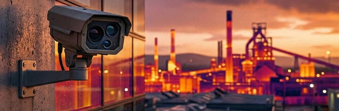 Thermal CCTV camera mounted on an exterior wall overlooking an industrial facility at sunset for perimeter security and temperature monitoring.