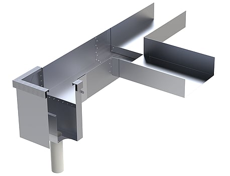 CORNER SIDE OUTLET ALLOWS TWO BOX GUTTERS TO DISCHARGE TO A SINGLE POINT