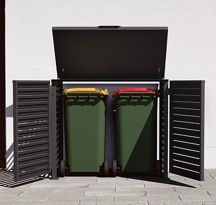 3D product render of an aluminium bin storage enclosure with hinged lid and internal wheelie bins