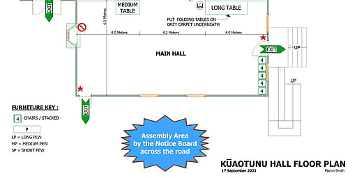 The floor plan of the Kūaotunu Hall showing the interior spaces in the hall together with their measurements and the location of emergency exits