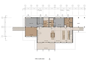Modern heavy timber post and beam house. Ground floor plan.