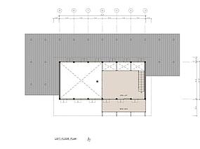 Modern heavy timber post and beam house. Loft level plan.
