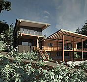 3D Model: View from Southwest showing new beach house design in context with beach, slope and adjacent houses.