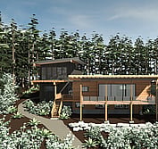 3D Model: View from Southeast showing new beach house design in context with beach, slope and adjacent houses.