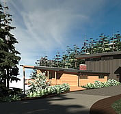 3D Model: View from Northwest looking down on driveway, garage and entry on upper floor near the top of slope.