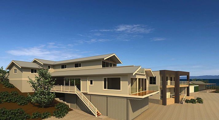 A new 2-storey Hamptons Style beach house at remote Douglas Point was designed to fit the contours and constraints of the site while complimenting the massing of the adjacent shacks. A driveway and entrance at the upper floor improves access, a lower level deck with outdoor kitchen is sheltered from the sea breeze, and beach level boat storage makes use of the 100 year flood zone.The house was carefully located around existing rock features and vegetation to preserve the natural beauty of the site.