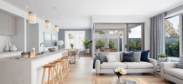 A modern open plan kitchen with caesarstone benchtop