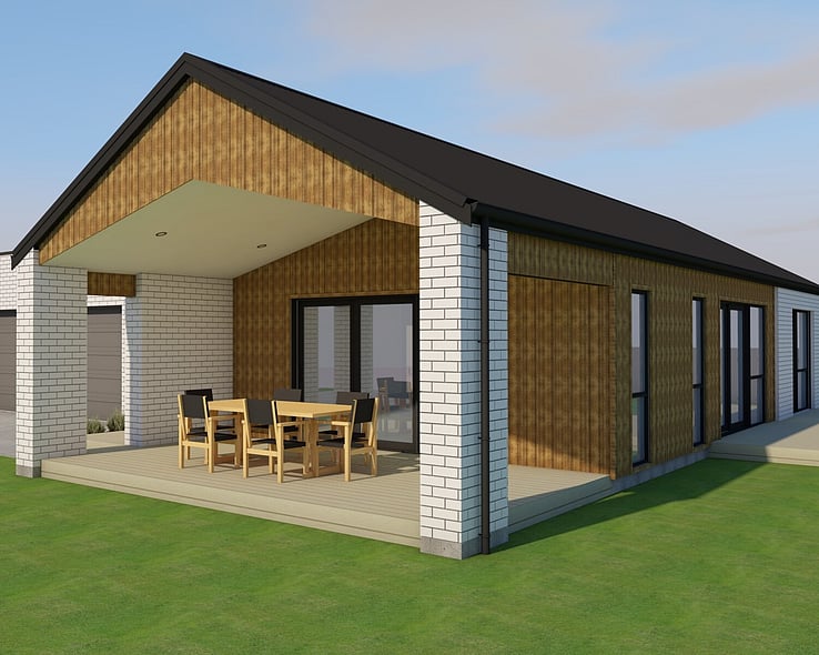 Image of white brick cladded house with timber accents. New house & land package in Otorohanga by Coull Builders. King Country, New Zealand.