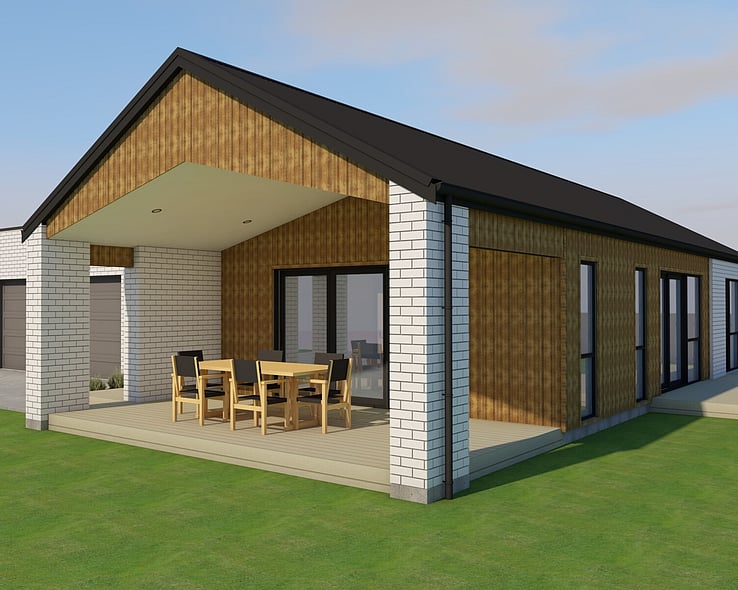Image of white brick cladded house with timber accents. New house & land package in Otorohanga by Coull Builders. King Country, New Zealand.