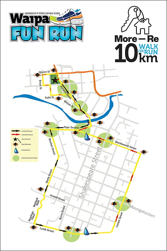 View the course map for the Waipa Fun Run 10km walk or run