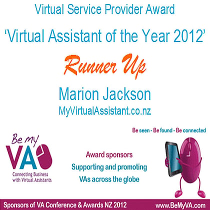 Virtual Assistant of the Year 2012 -Runner Up - Marion Jackson, My Virtual Assistant