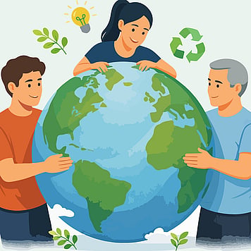 Animated people standing around a big globe