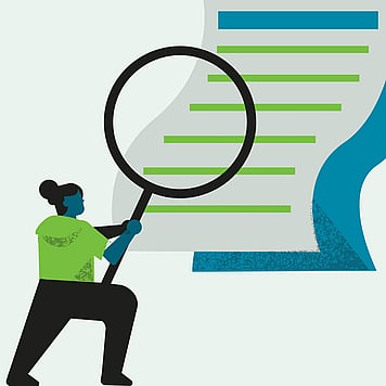 Animated person holding magnifying glass up to paper