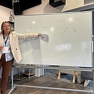 Presenter speaking beside a screen or whiteboard during an internal strategy or planning session