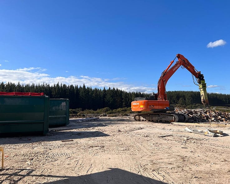Excavator working on a cleared site beside a pine shelter belt