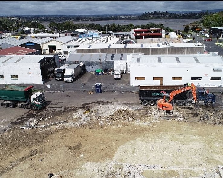 Aerial view of an industrial site cleared for redevelopment