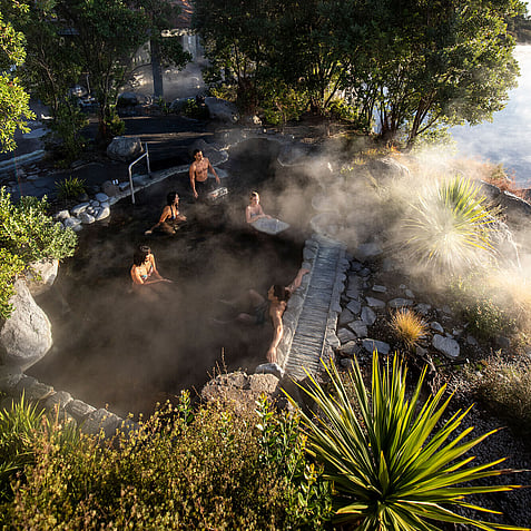 Group relaxing in geothermal pools at Polynesian Spa with steam rising beside Lake Rotorua