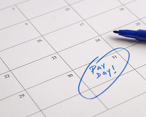 Monthly calendar with pay day circled reflecting on Payroll. Blue pen is showing