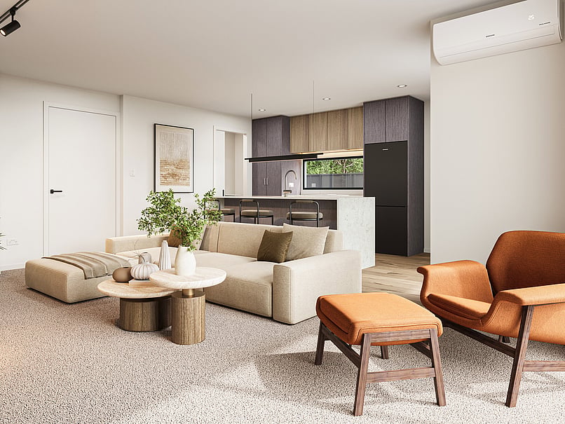Construction of the Lounge interior image of Highgate Ridge townhouse in Maori Hill by MJW Homes. Dunedin, Otago NZ Station townhouses by property developer, MJW Homes. Dunedin. Otago. New Zealand.